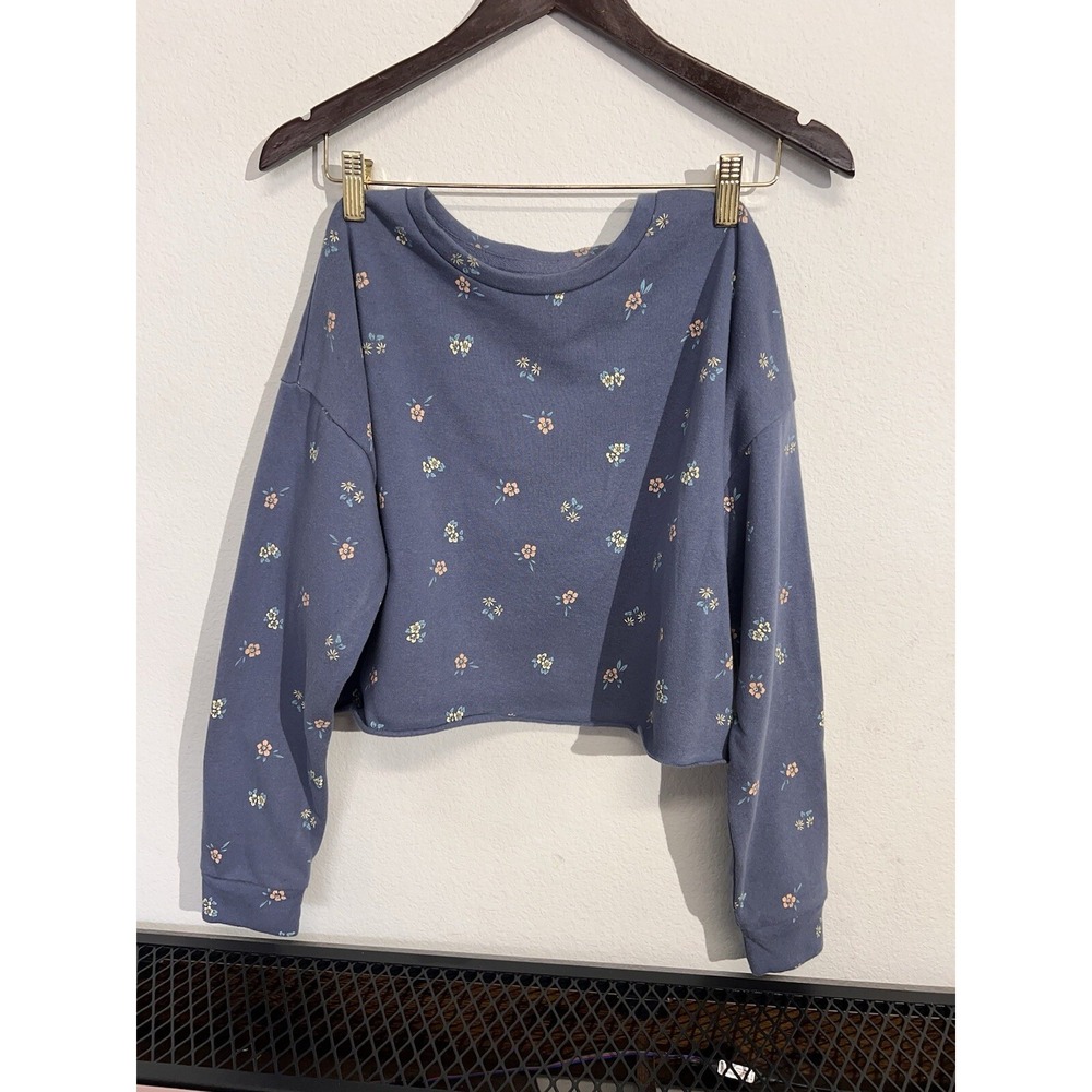 Colsie Women's Long Sleeve Fleece Lounge Sweatshirt Blue With Flowers S